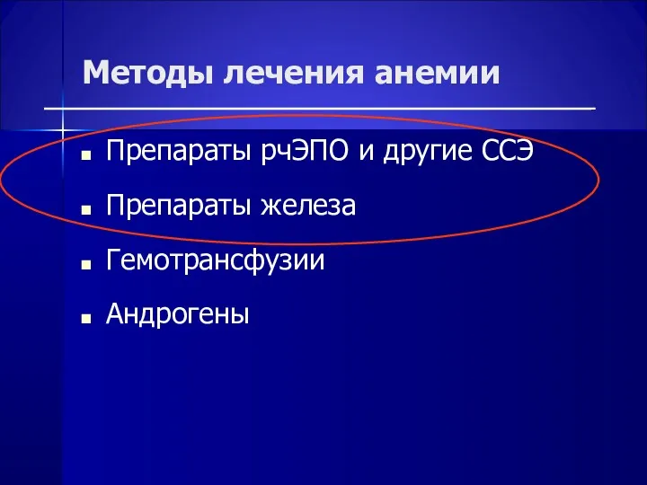 Методы лечения анемии Препараты рчЭПО и другие ССЭ Препараты железа Гемотрансфузии Андрогены