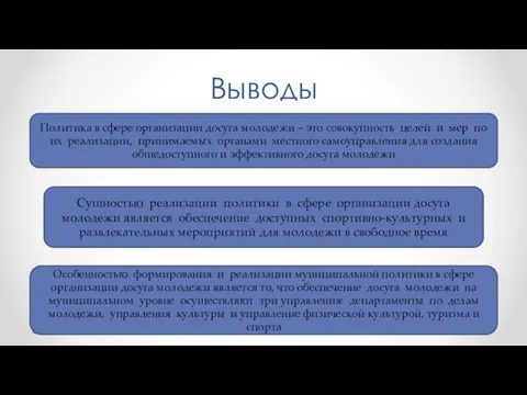 Выводы Политика в сфере организации досуга молодежи – это совокупность