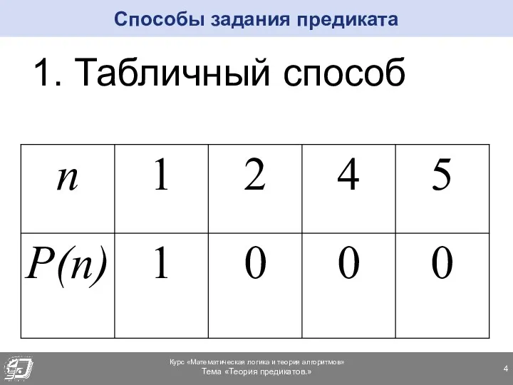 1. Табличный способ Способы задания предиката