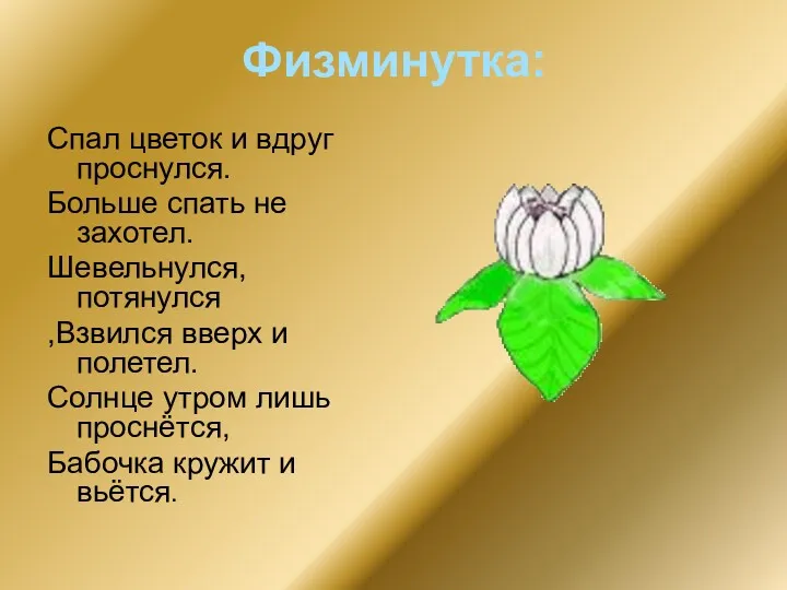 Физминутка: Спал цветок и вдруг проснулся. Больше спать не захотел.