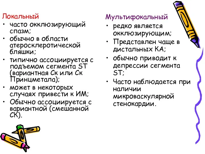 Локальный часто окклюзирующий спазм; обычно в области атеросклеротической бляшки; типично ассоциируется с подъемом