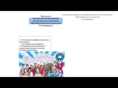 Принципы КАЗАХСТАНСКОЙ МОДЕЛИ общественного согласия и общенационального единства Н.Назарбаева I. Этническое, конфессиональное, культурное