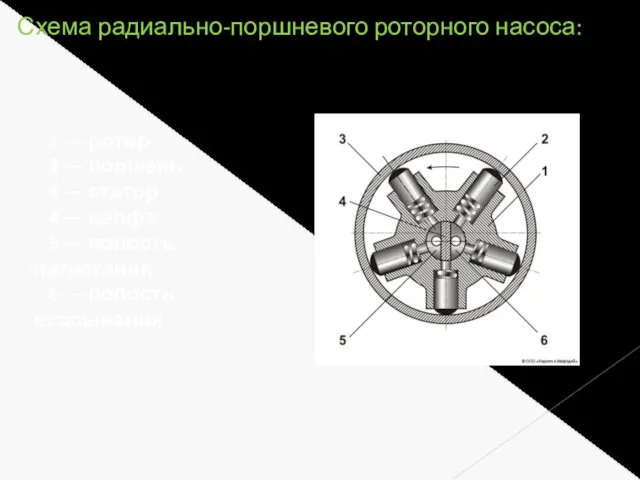 Схема радиально-поршневого роторного насоса: 1 — ротор 2 — поршень 3 — статор