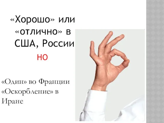 «Хорошо» или «отлично» в США, России НО «Один» во Франции «Оскорбление» в Иране