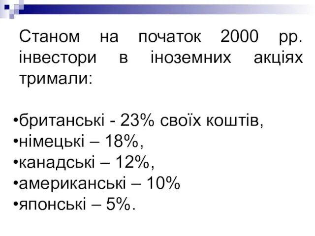 Станом на початок 2000 рр. інвестори в іноземних акціях тримали: