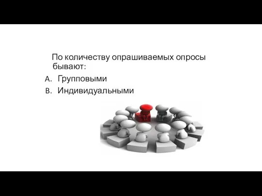 По количеству опрашиваемых опросы бывают: Групповыми Индивидуальными