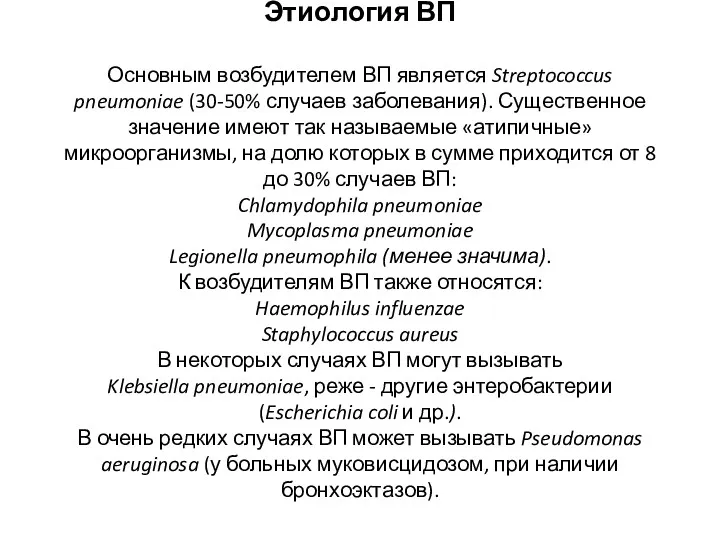 Этиология ВП Основным возбудителем ВП является Streptococcus pneumoniae (30-50% случаев