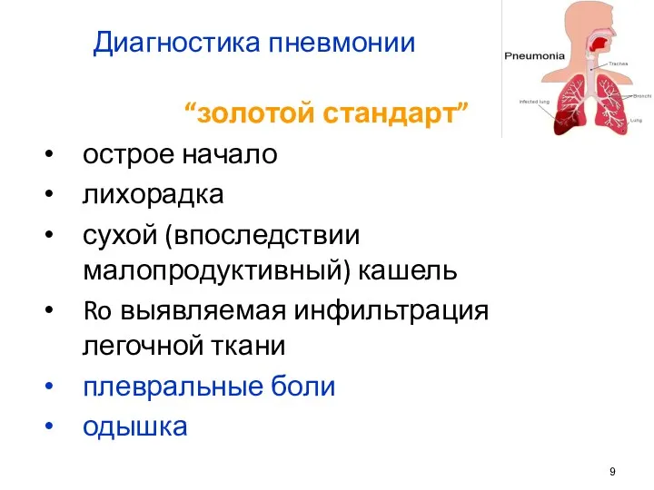 Диагностика пневмонии “золотой стандарт” острое начало лихорадка сухой (впоследствии малопродуктивный)