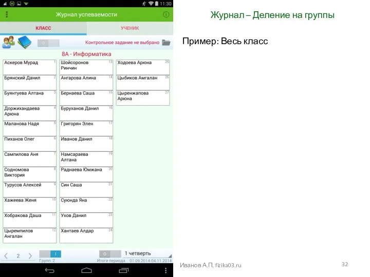 Журнал – Деление на группы Иванов А.П. fizika03.ru Пример: Весь класс
