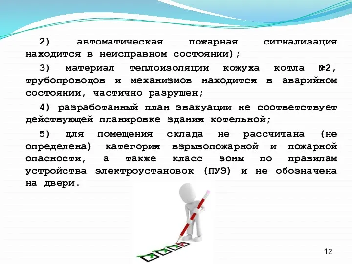 2) автоматическая пожарная сигнализация находится в неисправном состоянии); 3) материал теплоизоляции кожуха котла