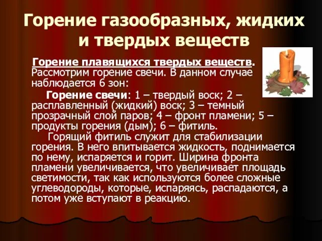 Горение газообразных, жидких и твердых веществ Горение плавящихся твердых веществ.