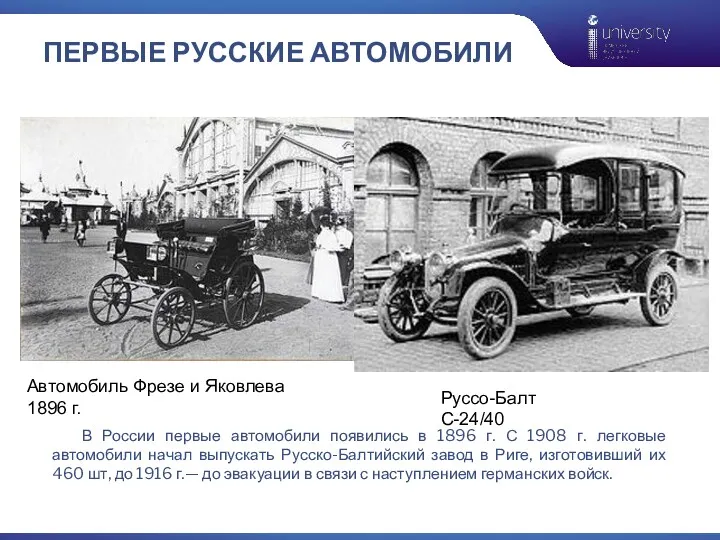 ПЕРВЫЕ РУССКИЕ АВТОМОБИЛИ Автомобиль Фрезе и Яковлева 1896 г. Руссо-Балт С-24/40 В России