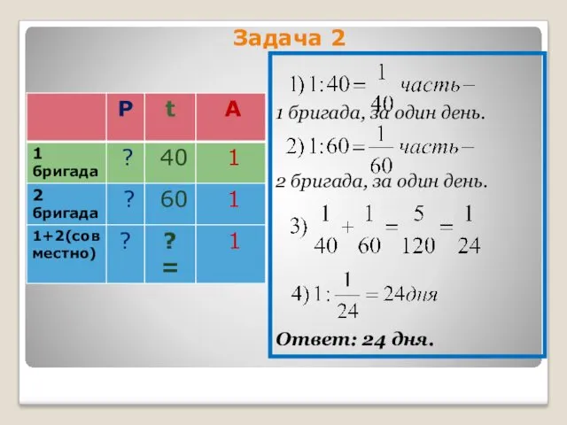 Задача 2 1 бригада, за один день. 2 бригада, за один день. Ответ: 24 дня.