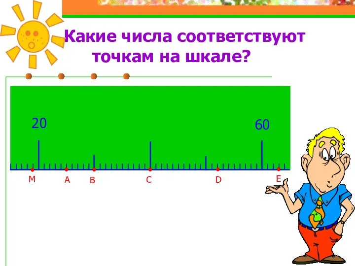 Какие числа соответствуют точкам на шкале? А В С D E M