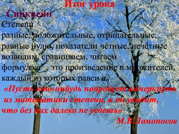 Итог урока Синквейн Степени разные, положительные, отрицательные, равные нулю, показатели