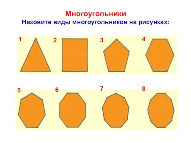 Многоугольники Назовите виды многоугольников на рисунках: 1 2 3 4 5 6 7 8