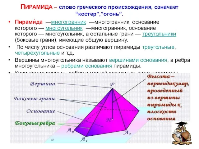 ПИРАМИДА – слово греческого происхождения, означает “костер”,”огонь”. Пирами́да —многогранник —многогранник,