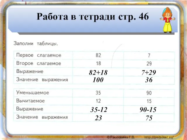 Работа в тетради стр. 46 82+18 100 7+29 36 35-12 23 90-15 75