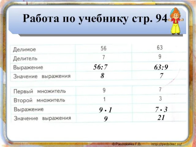 Работа по учебнику стр. 94 56:7 8 63:9 7 9