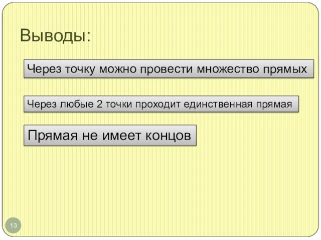 Выводы: Через любые 2 точки проходит единственная прямая Через точку