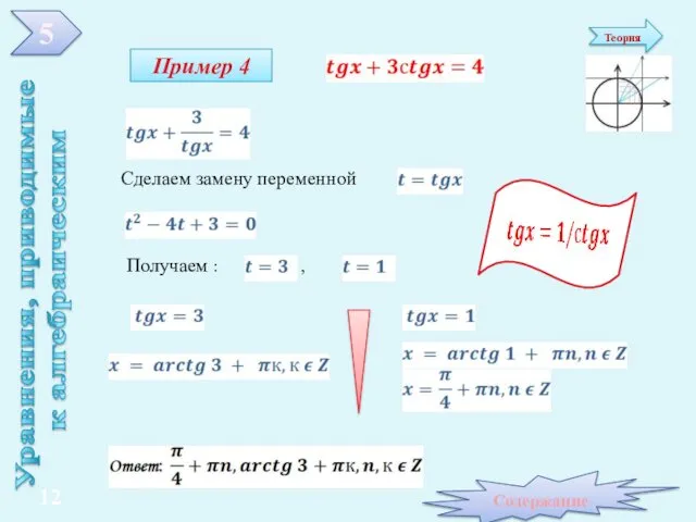 Получаем : , Пример 4 Уравнения, приводимые к алгебраическим Сделаем замену переменной 5 Содержание 12 Теория