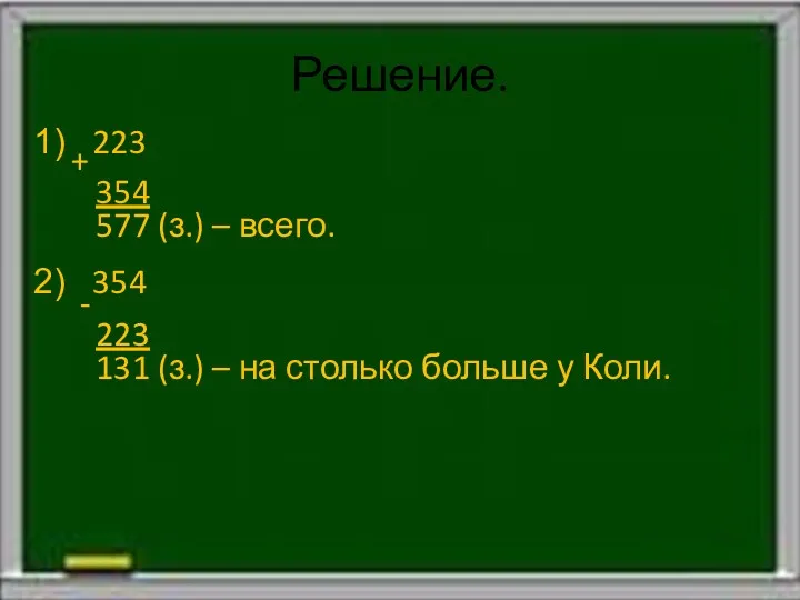 Решение. 223 + 354 577 (з.) – всего. 354 -