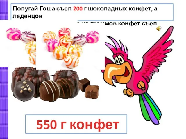 Попугай Гоша съел 200 г шоколадных конфет, а леденцов на