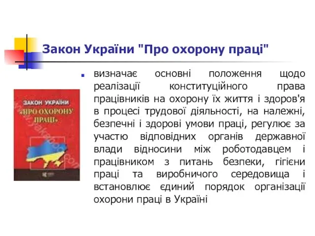 Закон України "Про охорону праці" визначає основні положення щодо реалізації