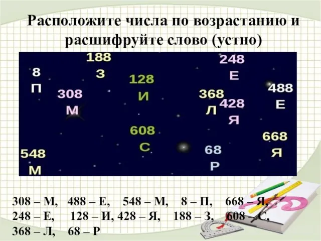 Расположите числа по возрастанию и расшифруйте слово (устно) 308 –