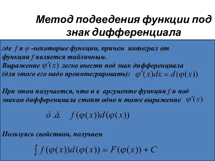 Метод подведения функции под знак дифференциала где f и φ