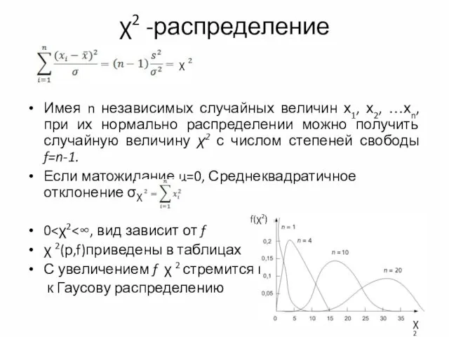 χ2 -распределение Имея n независимых случайных величин х1, х2, …хn,