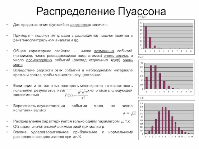 Распределение Пуассона Для представления функций от дискретных величин. Примеры –