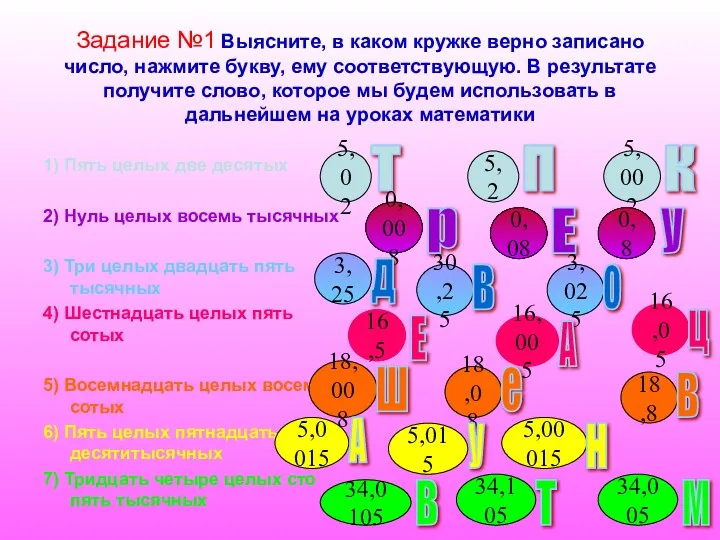 Задание №1 Выясните, в каком кружке верно записано число, нажмите букву, ему соответствующую.