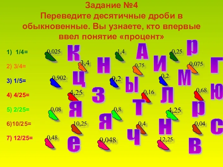 Задание №4 Переведите десятичные дроби в обыкновенные. Вы узнаете, кто впервые ввел понятие