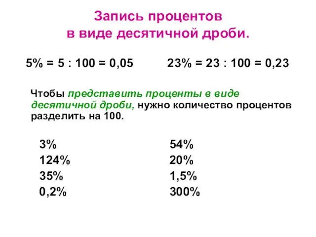 Запись процентов в виде десятичной дроби. 5% = 5 : 100 = 0,05