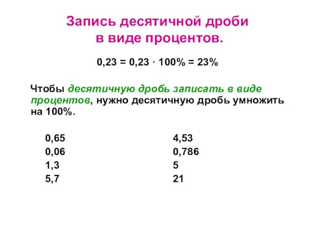 Запись десятичной дроби в виде процентов. 0,23 = 0,23 · 100% = 23%