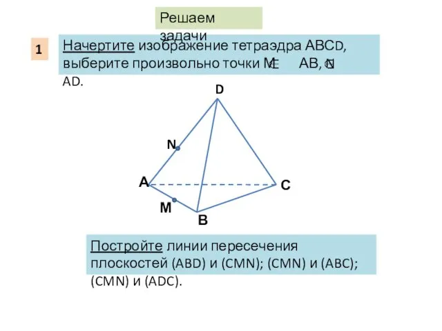 Постройте линии пересечения плоскостей (ABD) и (CMN); (CMN) и (ABC); (CMN) и (ADC). Решаем задачи 1