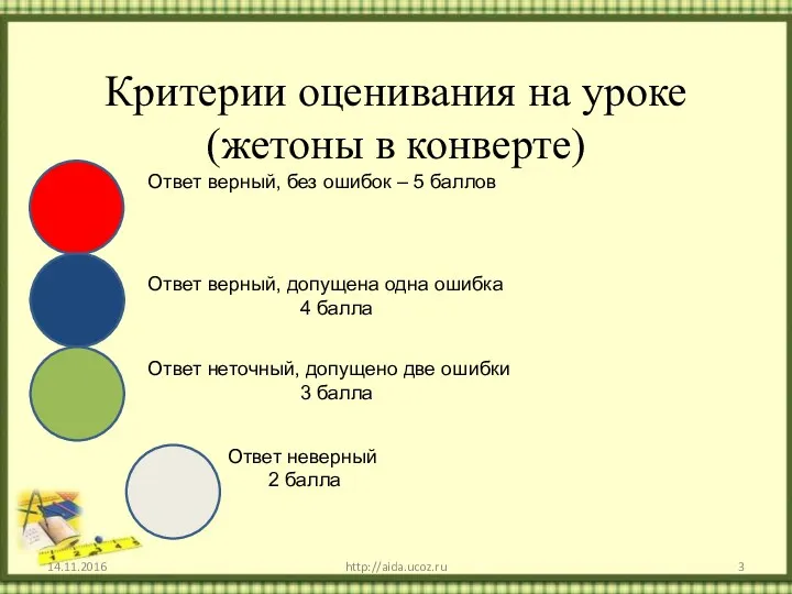 14.11.2016 http://aida.ucoz.ru Критерии оценивания на уроке (жетоны в конверте) Ответ