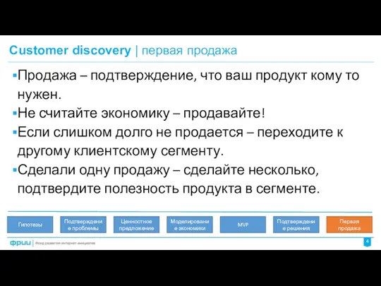 Customer discovery | первая продажа 4 Продажа – подтверждение, что