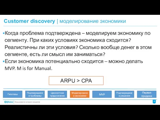 Customer discovery | моделирование экономики 4 ARPU > CPA Когда