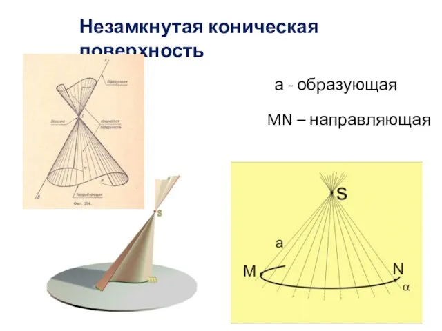 а - образующая MN – направляющая Незамкнутая коническая поверхность