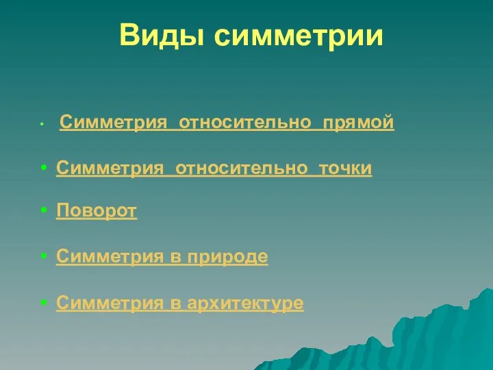 Виды симметрии Симметрия относительно прямой Симметрия относительно точки Поворот Симметрия в природе Симметрия в архитектуре