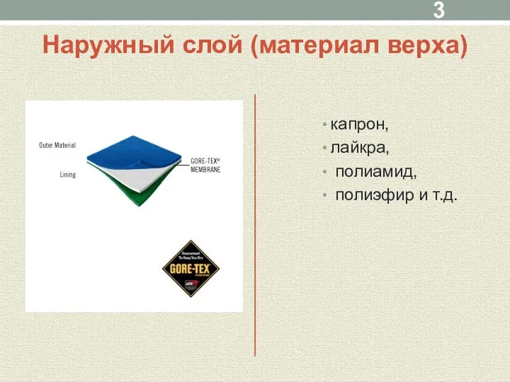 Наружный слой (материал верха) капрон, лайкра, полиамид, полиэфир и т.д.