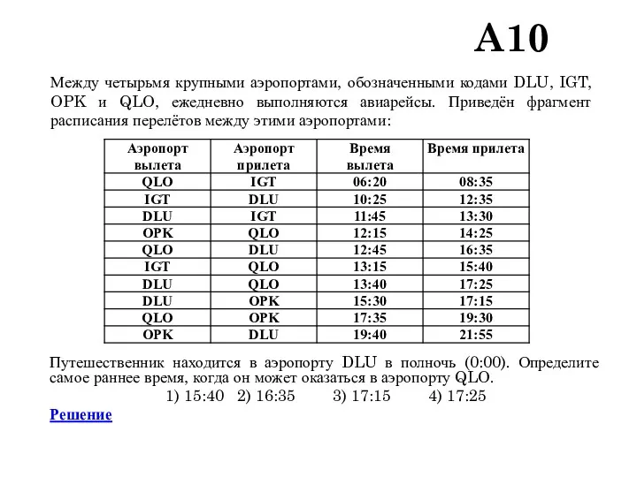 A10 Путешественник находится в аэропорту DLU в полночь (0:00). Определите