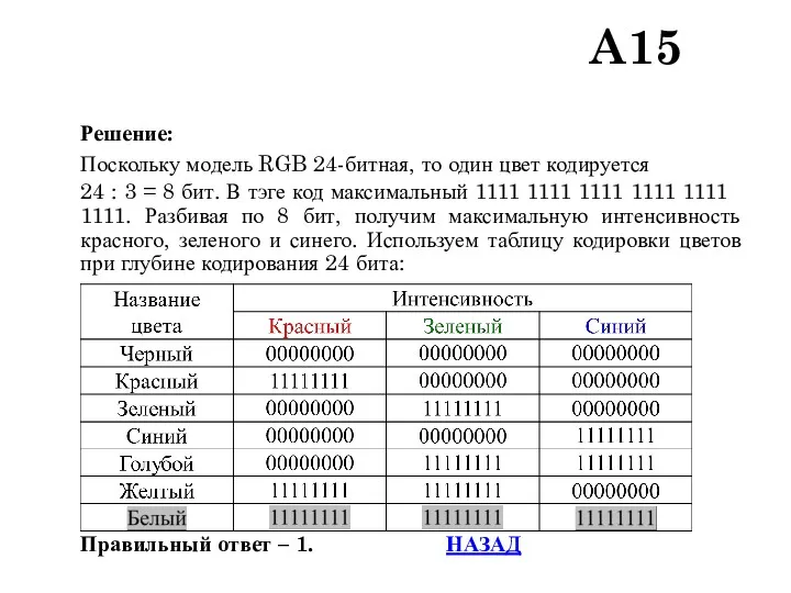 Решение: Поскольку модель RGB 24-битная, то один цвет кодируется 24