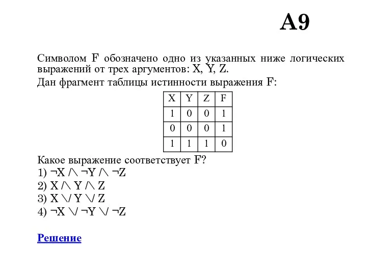 A9 Символом F обозначено одно из указанных ниже логических выражений