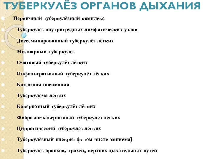 ТУБЕРКУЛЁЗ ОРГАНОВ ДЫХАНИЯ Первичный туберкулёзный комплекс Туберкулёз внутригрудных лимфатических узлов