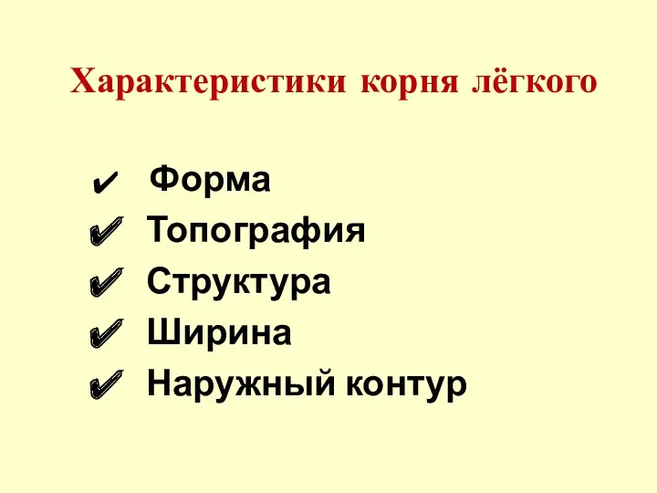 Характеристики корня лёгкого Форма Топография Структура Ширина Наружный контур