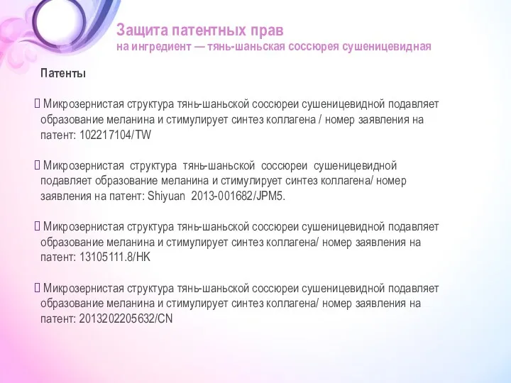 Защита патентных прав на ингредиент — тянь-шаньская соссюрея сушеницевидная Патенты