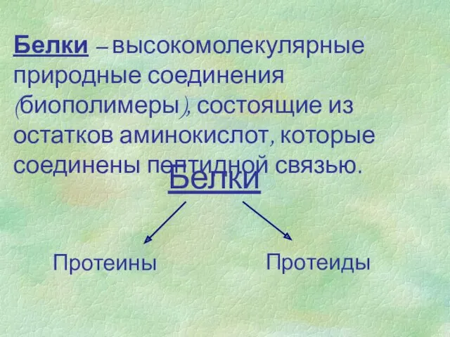 Белки – высокомолекулярные природные соединения (биополимеры), состоящие из остатков аминокислот,